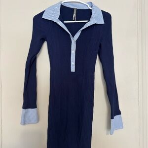 Anthropologie Navy Blue Dress with Striped Collar